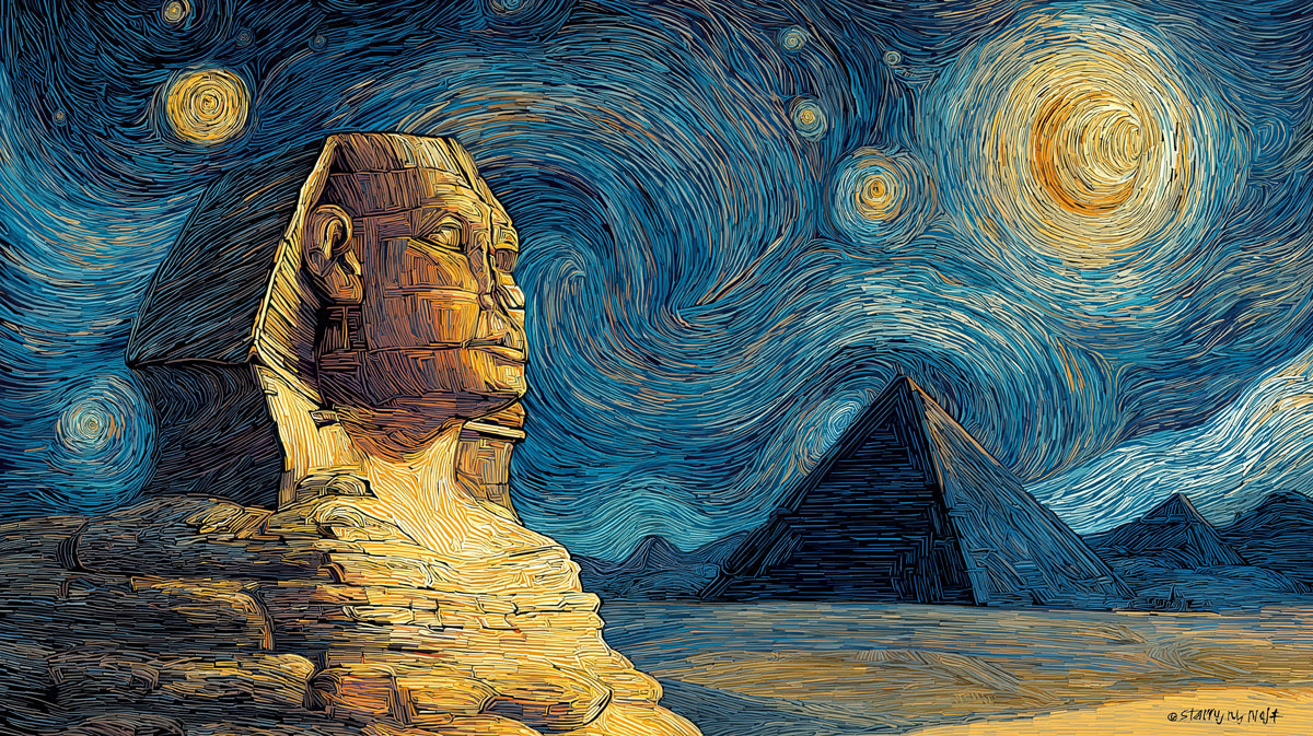 The Great Sphinx and pyramid under a swirling, Van Gogh style star-filled night sky with indigo and gold tones