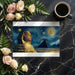 Atmospheric library interior with Egyptian inspired art mural and warm task lighting