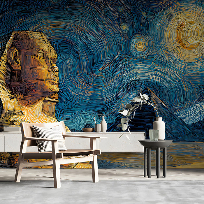 Modern study with a large-scale Sphinx mural wall and minimalist desk setup