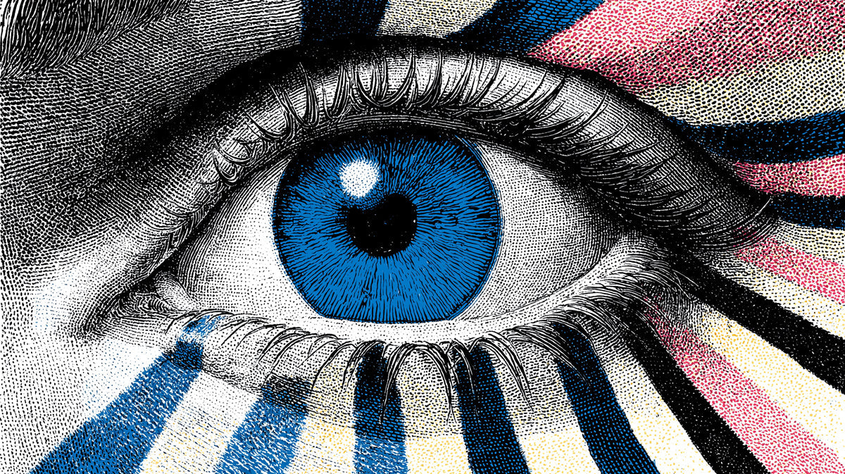 Macro close-up of a detailed human eye mural with stippled blue iris and geometric radial lines in black and rose