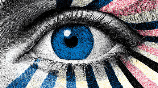 Macro close-up of a detailed human eye mural with stippled blue iris and geometric radial lines in black and rose