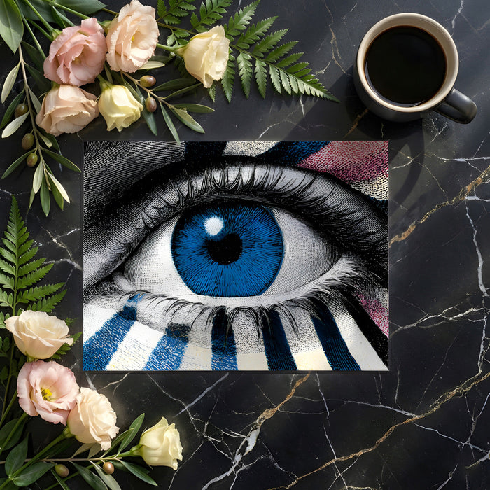 Eclectic living room design featuring an artistic pop art eye mural behind a charcoal velvet sofa