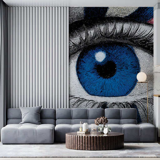 Creative commercial space  showcasing a large-scale graphic eye mural above custom dark wood shelving