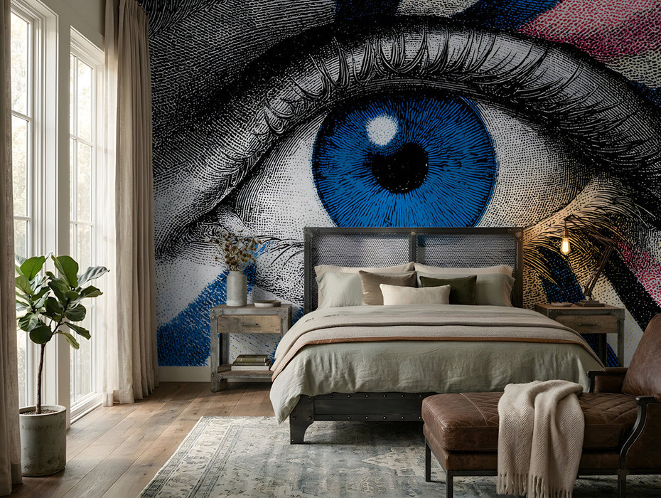 Modern bedroom with a dramatic eye wallpaper focal wall behind a sleek white desk