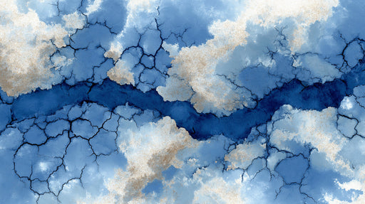Abstract wallpaper design with deep navy blue, light blue, and gold clouds featuring sharp charcoal crackle textures.