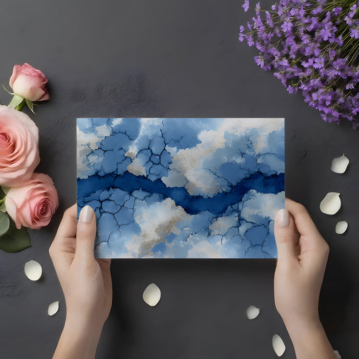 An elegant home office workspace with a moody blue abstract mural creating a focal point wall.