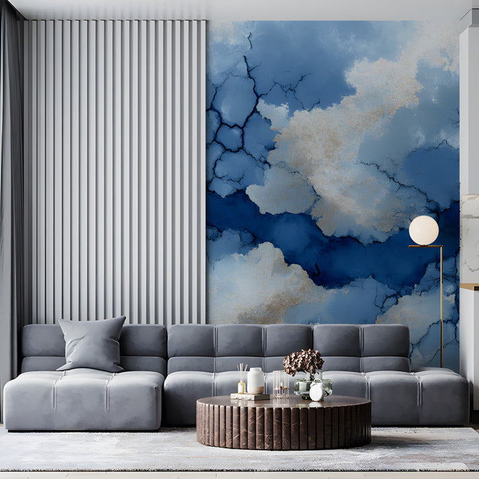 A cozy commercial space with a striking abstract navy blue cracked texture mural on the headboard wall.
