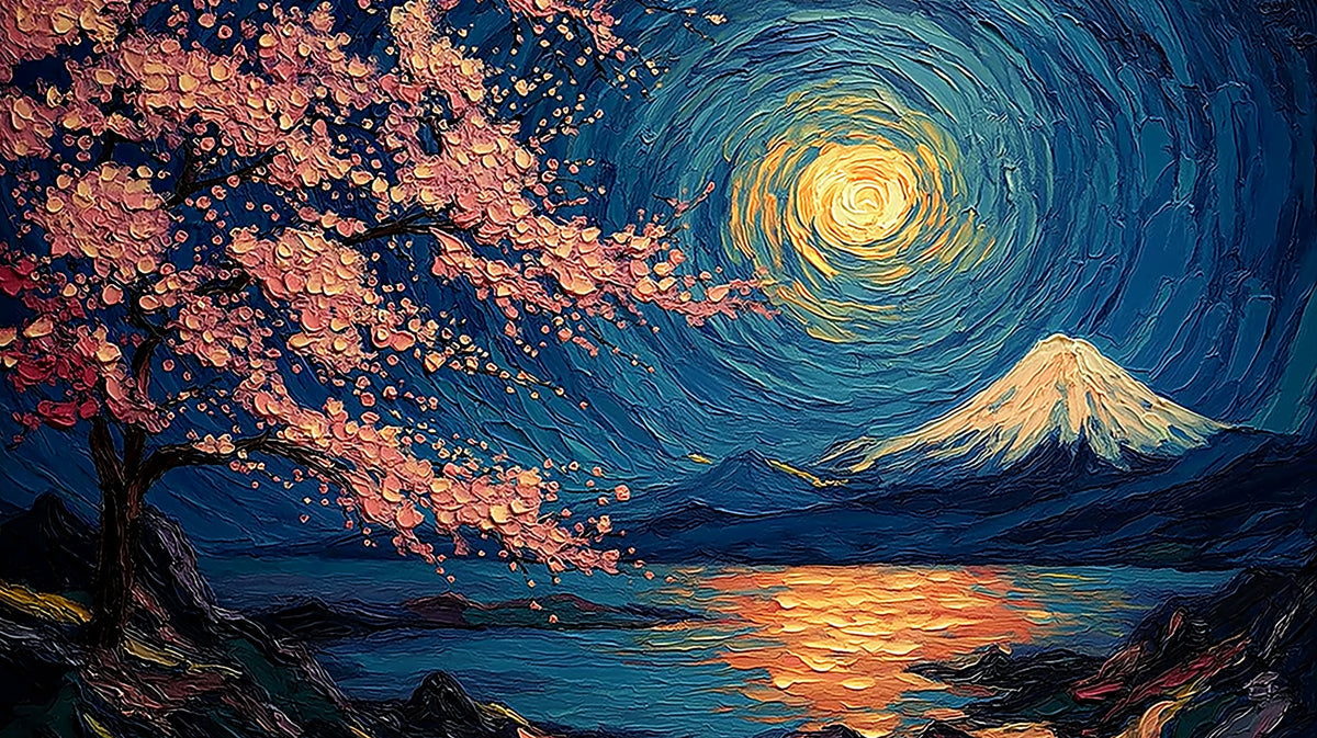 Impressionistic oil painting style wall mural of a cherry blossom tree under a swirling golden moon and dark mountain range.