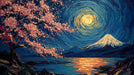 Impressionistic oil painting style wall mural of a cherry blossom tree under a swirling golden moon and dark mountain range.