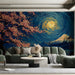 An upscale living room wall showcases the vibrant textures of the moonlit mountain and pink floral oil painting mural.