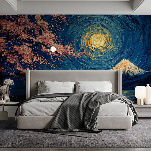 A cozy bedroom features the swirling mountain mural as a dramatic, artistic backdrop behind a velvet armchair.
