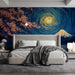 A cozy bedroom features the swirling mountain mural as a dramatic, artistic backdrop behind a velvet armchair.