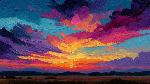 Abstract impasto oil painting mural of a sunset with purple, magenta, and orange clouds.