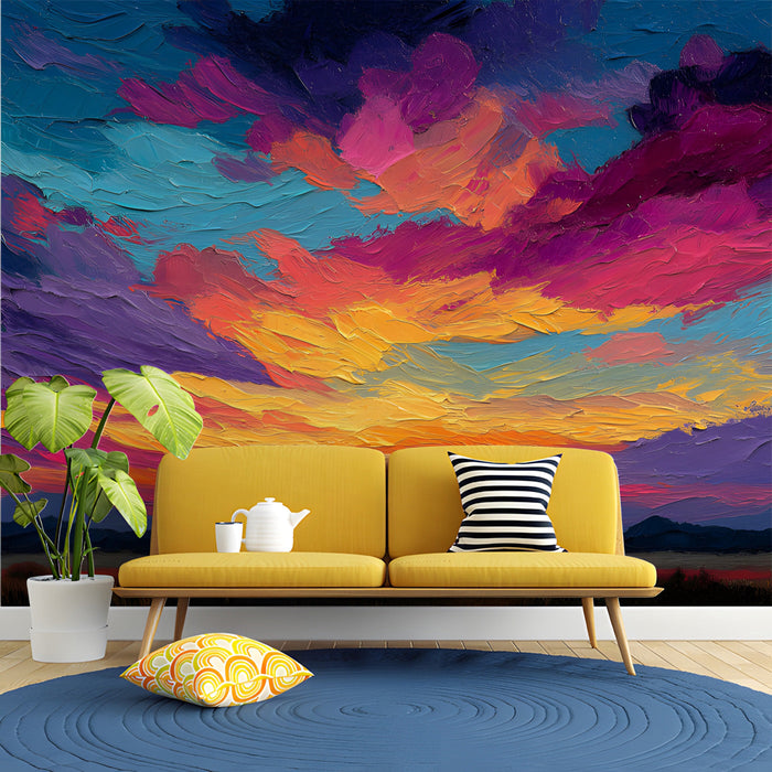 Vibrant painted landscape mural creating a focal point in a creative home office.