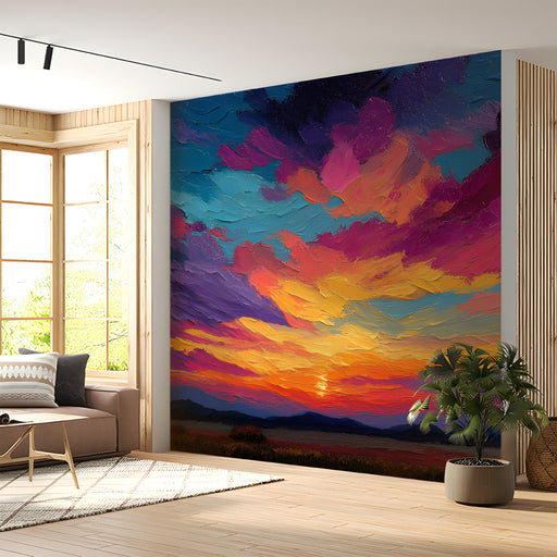 Dramatic sunset wallpaper installed behind a modern minimalist entryway sofa.