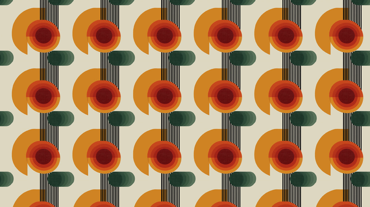 Retro geometric pattern with concentric circles in ochre and orange, vertical black lines, and green pill shapes