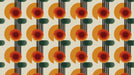 Retro geometric pattern with concentric circles in ochre and orange, vertical black lines, and green pill shapes