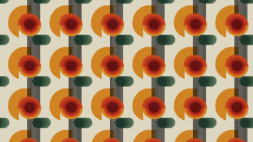 Retro geometric pattern with concentric circles in ochre and orange, vertical black lines, and green pill shapes