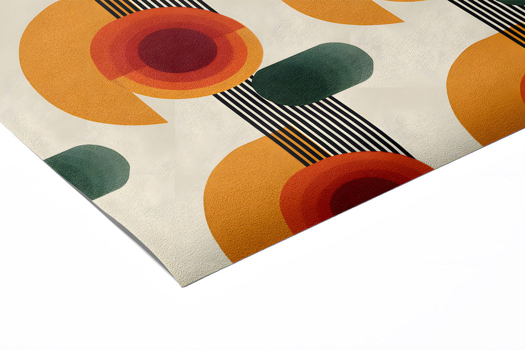 Retro-inspired bedroom wall with vibrant geometric circle mural and neutral bedding