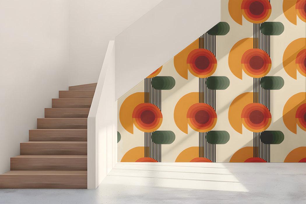 Stylish home office featuring retro circles mural wallpaper and a minimalist wooden desk