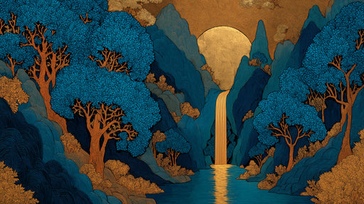 Intricate mountain valley wallpaper with blue trees, a golden sun, and a cascading waterfall in a line-art style.