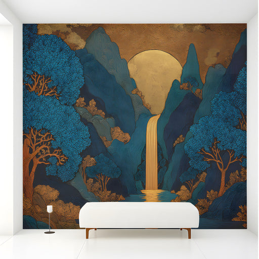A tranquil entryway space featuring a vibrant sapphire and gold forest mural.