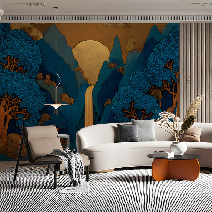 A sophisticated living room featuring a gilded waterfall mural as the primary accent wall.