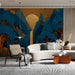A sophisticated living room featuring a gilded waterfall mural as the primary accent wall.