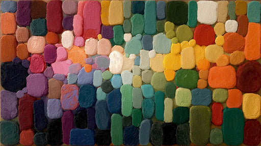 Abstract wallpaper featuring thick impasto style color blocks in a rich palette of green, orange, purple, and yellow.