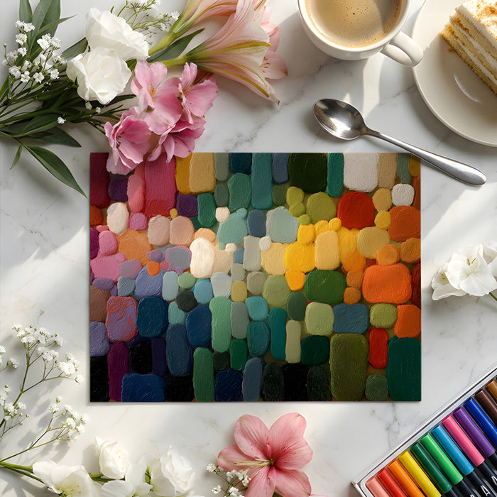 Colorful textured art wallpaper featured on the wall of a bright contemporary dining room space.