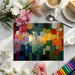 Colorful textured art wallpaper featured on the wall of a bright contemporary dining room space.