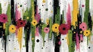 Abstract wallpaper pattern with vertical oil paint brushstrokes, colorful floral motifs, and paint splatter texture