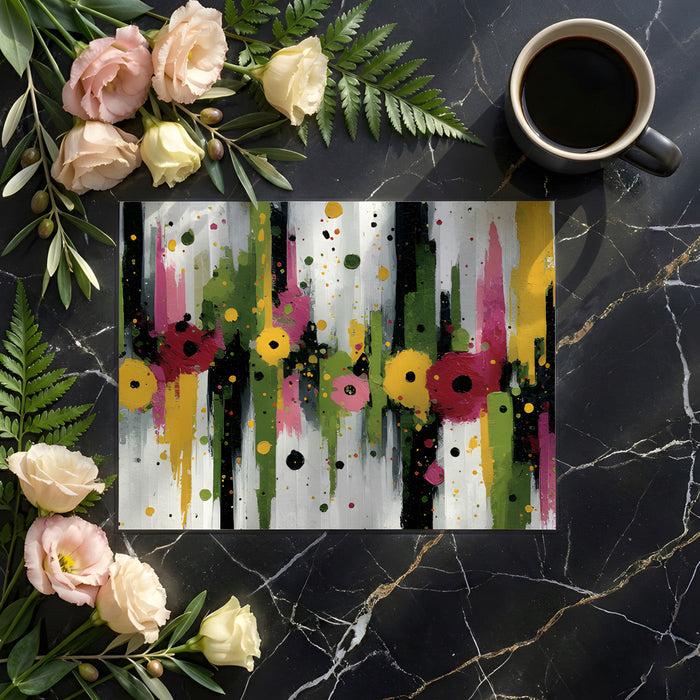 Creative home office with an expressive, colorful oil painting style mural on the main feature wall