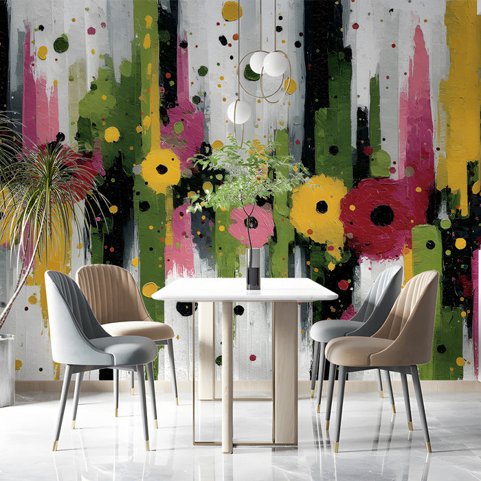 Contemporary dining room setting with a lively floral abstract stripe wallpaper and minimalist wooden table