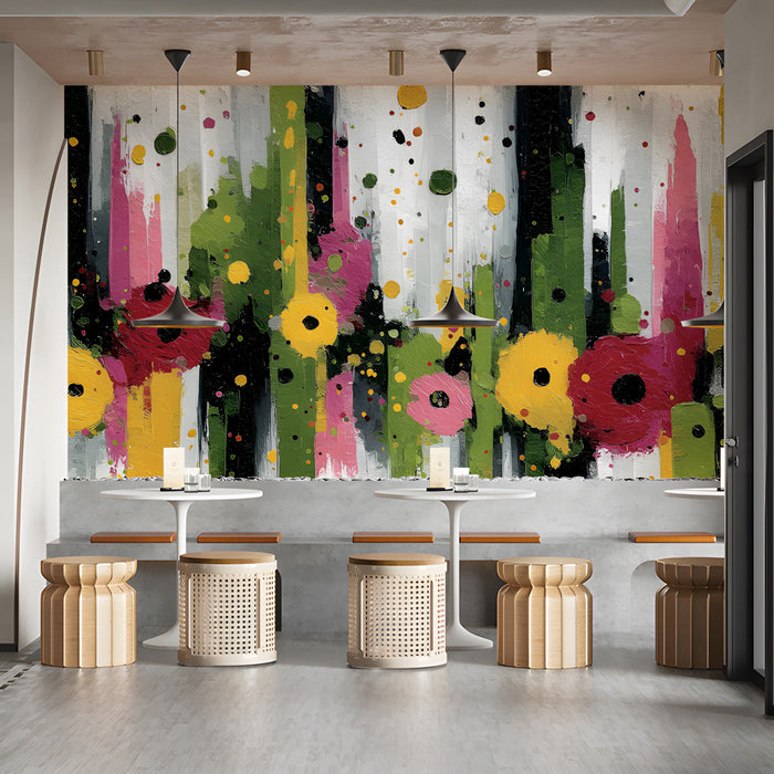 Modern bar featuring a vibrant abstract floral mural as a statement wall behind a grey sofa