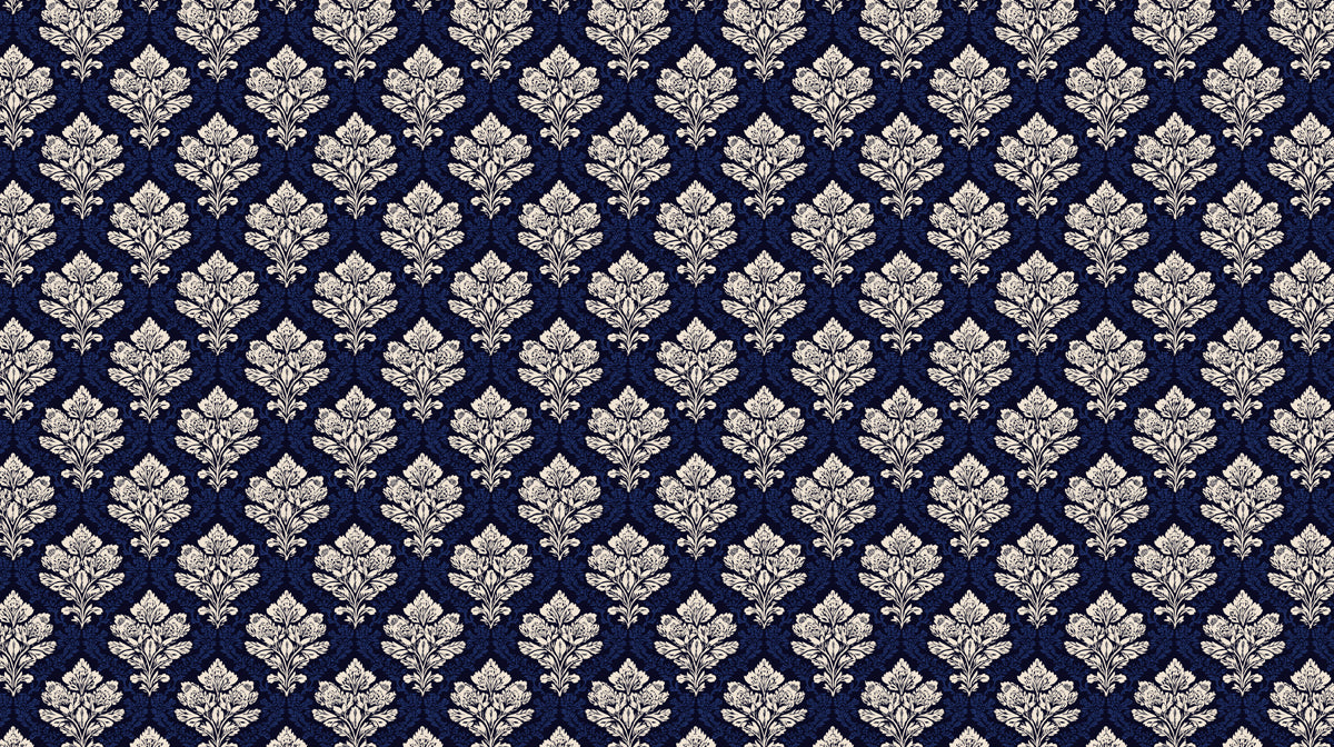 Navy blue wallpaper with cream damask floral pattern, symmetrical traditional design.