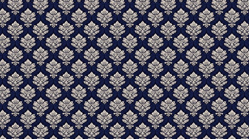 Navy blue wallpaper with cream damask floral pattern, symmetrical traditional design.