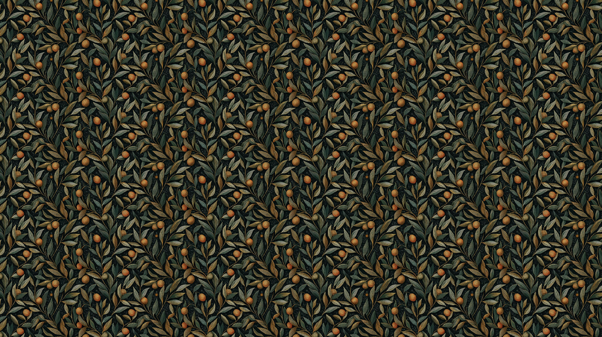 A repeating pattern of ochre fruit and forest green leaves on a dark charcoal background.