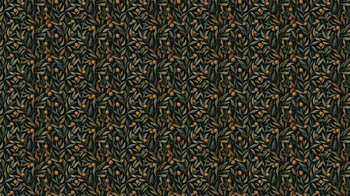 A repeating pattern of ochre fruit and forest green leaves on a dark charcoal background.