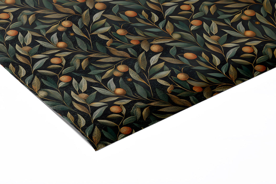 Dark botanical fruit wallpaper featured in an elegant dining room with brass lighting.