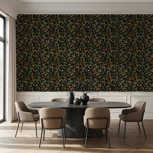 Vintage orchard mural wallpaper installed in a cozy home library with wooden shelves.