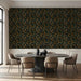 Vintage orchard mural wallpaper installed in a cozy home library with wooden shelves.