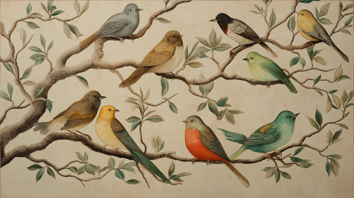 Ornithological illustration wallpaper with various songbirds perched on sketched tree branches on a parchment background.