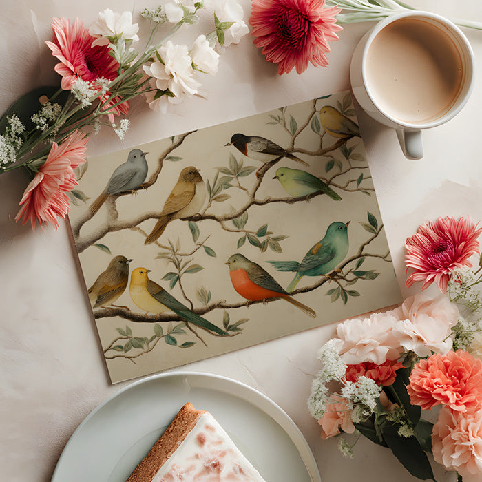 Botanical bird wall mural featured in a bright dining room with a wooden table and minimalist chairs.