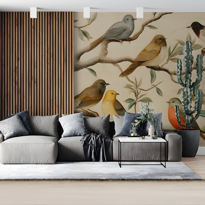 Detailed bird sketch wallpaper in a traditional living room with vintage decor and warm lighting.