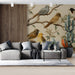 Detailed bird sketch wallpaper in a traditional living room with vintage decor and warm lighting.