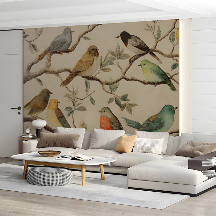 Vintage bird pattern mural installed on a living room in a cozy library with dark wood bookshelves.