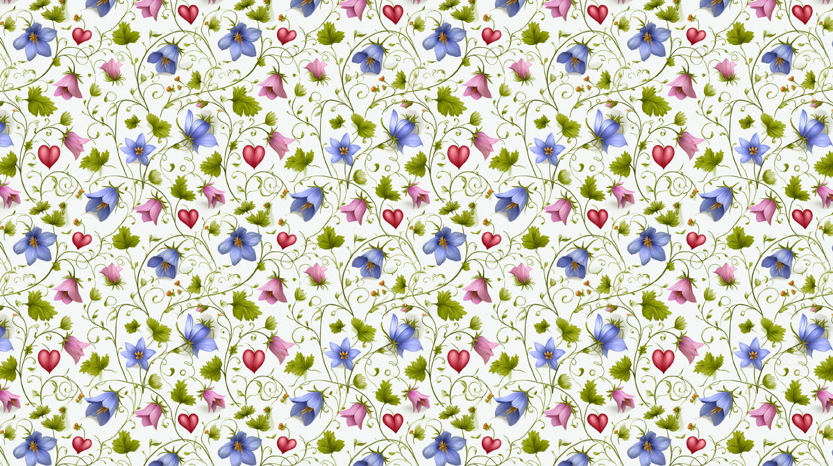 A repeating pattern of blue bellflowers, pink buds, green leaves, and red heart icons on an off-white background.