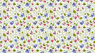 A repeating pattern of blue bellflowers, pink buds, green leaves, and red heart icons on an off-white background.
