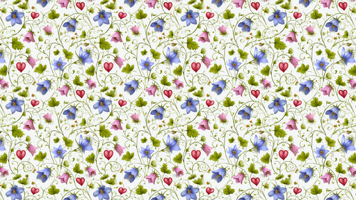 A repeating pattern of blue bellflowers, pink buds, green leaves, and red heart icons on an off-white background.